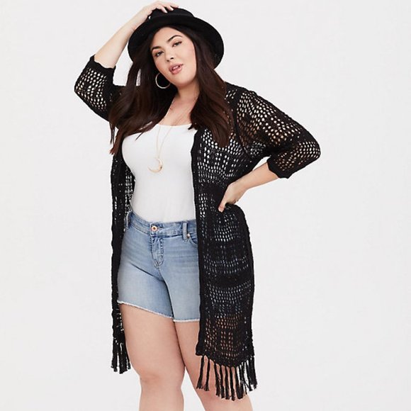 torrid Sweaters - Torrid Black Crochet Kimono with fringe 3x